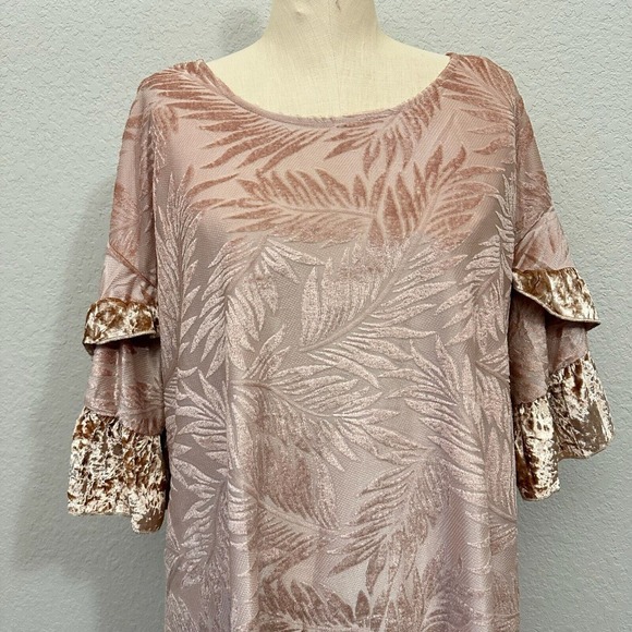 UMGEE USA Leave Print Bell Sleeve Midi Shift Dress Beige Velour Velvet - Picture 2 of 11
